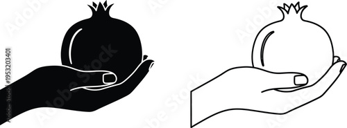 Hand Holding Pomegranate Icon Set Vector