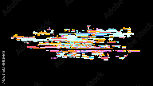 Pixelated glitch vector with red pink tones, digitalism concept in cosmic pixel space aesthetics for tech and gaming use. Dark background with subtle noise enhances contrast. Ideal for tech brandin...