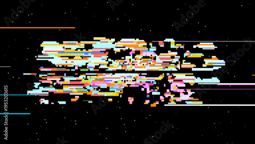 Pixelated glitch vector with red pink tones, digitalism concept in cosmic pixel space aesthetics for tech and gaming use. Dark background with subtle noise enhances contrast. Ideal for tech brandin...