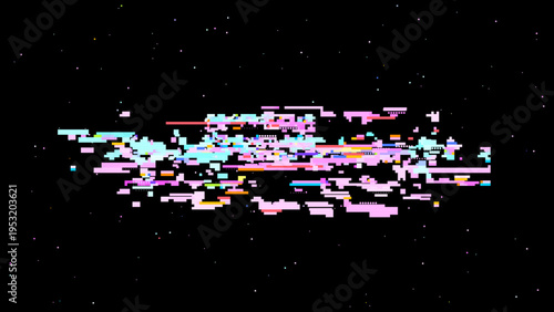 Pixelated glitch vector with red pink tones, digitalism concept in cosmic pixel space aesthetics for tech and gaming use. Ideal for tech branding, UI, and sci-fi graphics.