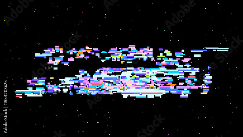 Futuristic glitch vector showing digital transformation, cosmic pixel space mood and red pink highlights for modern tech design. Dark background with subtle noise enhances contrast. Ideal for tech...