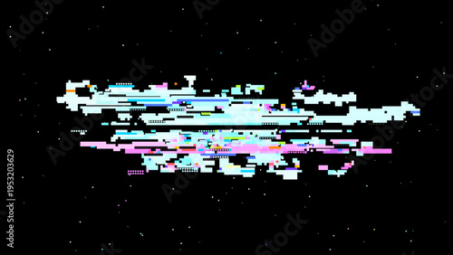 Pixelated glitch vector with red pink tones, digitalism concept in cosmic pixel space aesthetics for tech and gaming use. Ideal for tech branding, UI, and sci-fi graphics.