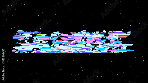 Futuristic glitch vector showing digital transformation, cosmic pixel space mood and red cyan highlights for modern tech design. Dark background with subtle noise enhances contrast. Ideal for tech...