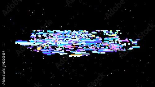 Pixelated glitch vector with red pink tones, digitalism concept in cosmic pixel space aesthetics for tech and gaming use. Dark background with subtle noise enhances contrast. Ideal for tech brandin...