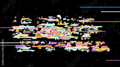 Futuristic glitch vector showing digital transformation, cosmic pixel space mood and red pink highlights for modern tech design. Ideal for tech branding, UI, and sci-fi graphics.