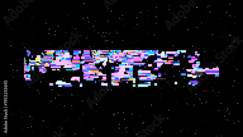 Pixelated glitch vector with red pink tones, digitalism concept in cosmic pixel space aesthetics for tech and gaming use. Ideal for tech branding, UI, and sci-fi graphics.