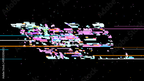 Pixelated glitch vector with red pink tones, digitalism concept in cosmic pixel space aesthetics for tech and gaming use. Dark background with subtle noise enhances contrast. Ideal for tech brandin...