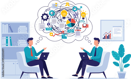 Flat Design Vector Illustration of Business Brainstorming Concept Featuring Two Professionals Sitting in an Office untangling Complex Data Charts and Creative Ideas for Strategic Problem Solving