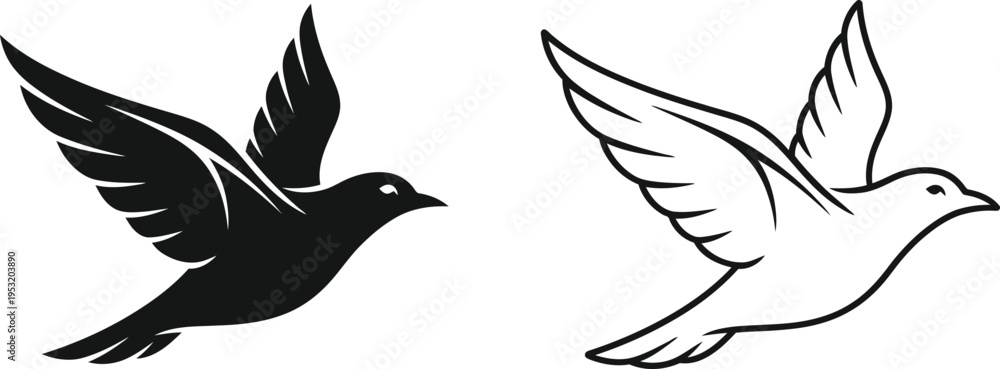 Fototapeta premium Flying Bird Silhouette and Outline Vector Icon Vector