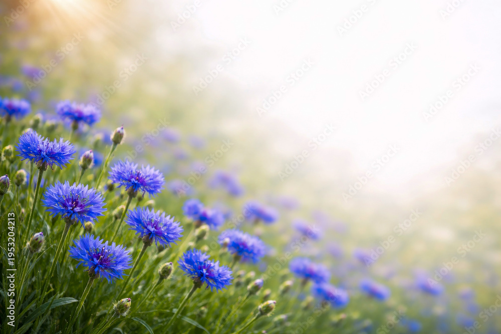 Obraz premium Blue cornflower meadow wildflower scene in spring summer sunlight with bokeh copyspace background