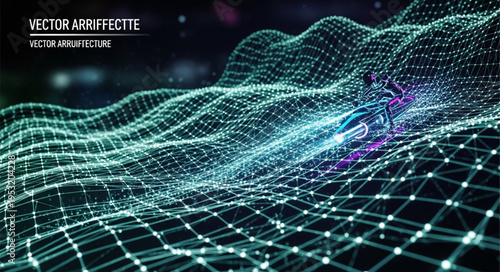 Abstract digital landscape with glowing grid and vibrant blue-green hues.