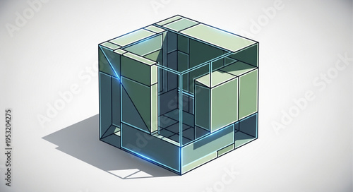 Abstract Cube Structure with Transparent and Opaque Elements.