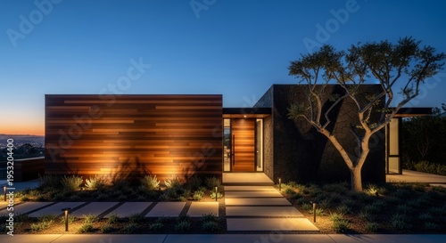 Modern Luxury Home Entrance at Dusk With Warm Exterior Lighting and Cityscape View