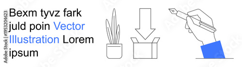 Education, creativity, e-commerce, writing tools, packaging, modern design. Hand holding a pen, potted plant and download arrow into a box. Education and creativity thematic design