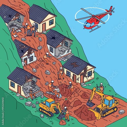 Illustration depicting a landslide destroying houses, with rescue workers and a helicopter.