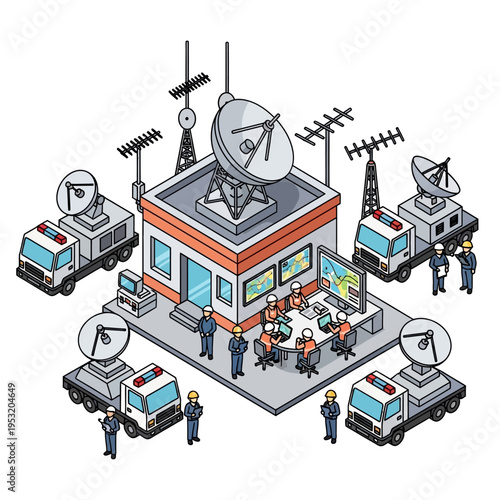 Isometric illustration of a command center with communication vehicles and personnel.