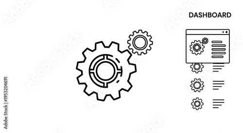 Illustration of gears and dashboard interface with settings and data visualization elements shown