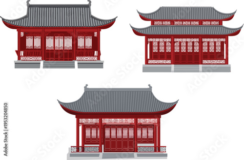 Set of three traditional Chinese architectural vector illustrations featuring red wooden pavilions with grey tiled roofs and ornate windows