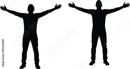 Silhouette of successful man standing with arms wide open celebrating victory achievement and freedom isolated flat vector illustration