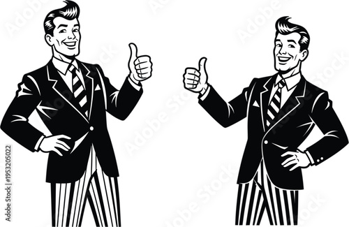 Vintage retro style businessman in suit smiling and giving a thumbs up gesture for success and approval vector illustration