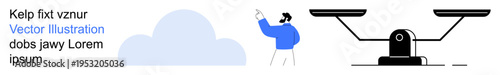 Decision making, justice, balance, fairness, cloud computing, weighing options. A person pointing at a cloud and a balance scale. Decision making and justice concepts visually
