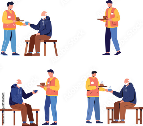 Volunteer worker in yellow vest serving hot coffee to elderly homeless man on bench flat vector illustration isolated on white