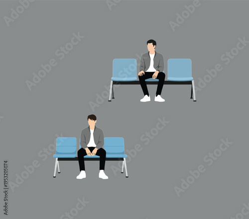 Young man sitting alone on blue airport terminal bench waiting for flight or bus transport flat vector illustration