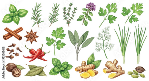 Watercolor Herb and Spice Set, Fresh Culinary Leaves Roots and Seasonings Collection Isolated