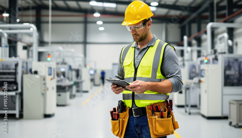 Factory Inspector: A focused factory inspector, wearing a hard hat and safety vest, meticulously reviews data on a tablet amidst the machinery-filled production hall.