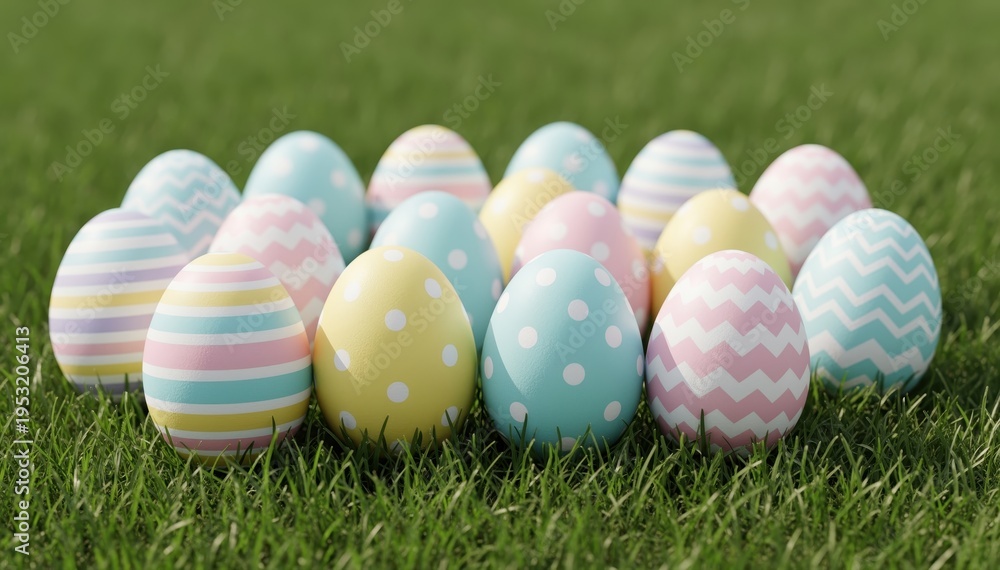 Fototapeta premium Festive Easter Eggs in Lush Green Field: A delightful arrangement of vibrantly colored and intricately patterned Easter eggs rests gracefully upon a bed of vibrant green grass.
