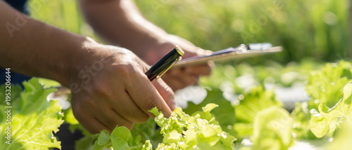 Organic farming, vegetable farm. Farmers recheck quality record on data on checklist. grow naturally, Ecological Biological, Healthy, Technology, non toxic, harvest, scientific , academic