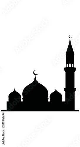 Mosque Silhouette with Domes and Minaret.