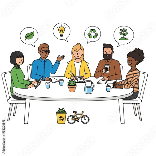Diverse team of five professionals collaborating on sustainable ideas and environmental initiatives at a meeting table, with eco-friendly symbols.