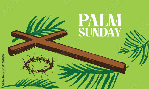 Palm Sunday Banner Illustration with Cross and Palm Leaves