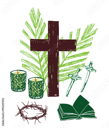 Konstfotografi Palm Sunday Poster with Religious Elements and Cross Illustration