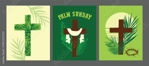 Palm Sunday Religious Poster Collection with Cross and Palm Leaves Christian Faith Illustration