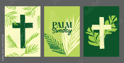 Palm Sunday Cross with Palm Leaves Christian Religious Easter Background Set