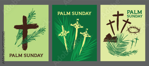 Palm Sunday Green Poster Set with Cross and Palm Leaves