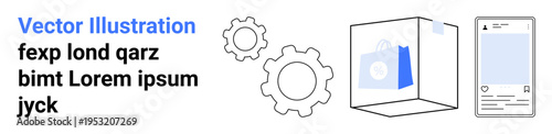 E-commerce, online shopping, app design, business innovation, technology interfaces, digital transactions. Gears, shopping box with icon and smartphone. E-commerce and online shopping concept