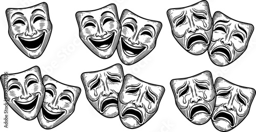 Theater or theatre drama comedy and tragedy masks in a vintage woodcut etching style
