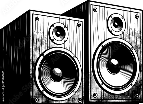 Black and white stereo speakers with a retro and bold illustration style
