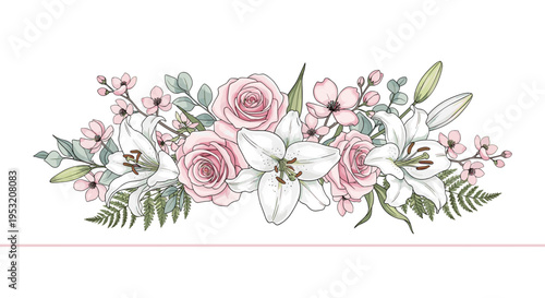 Elegant floral arrangement with roses lilies and greenery for decorative design