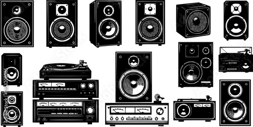 Black and white stereo speakers with a retro and bold illustration style
