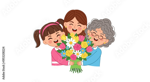 Happy generations of women joyfully sharing colorful flowers bouquet together