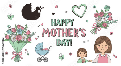 Happy mother's day greeting with mom child baby carriage flowers and hearts