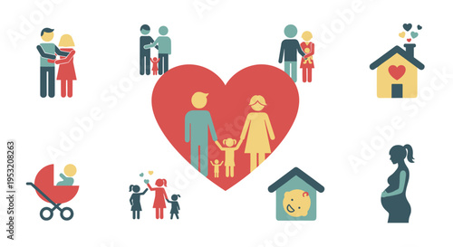 Diverse family icons representing love unity parenting and home life concepts