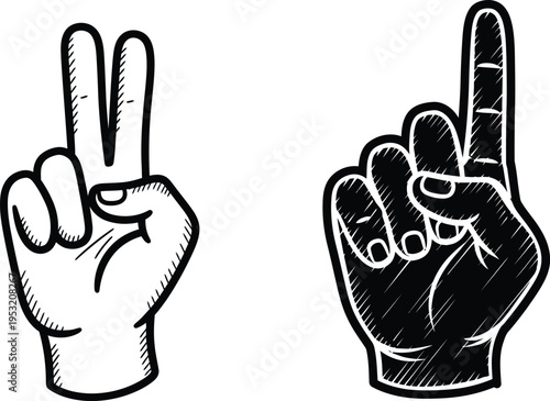 Hand gestures vector icons: peace sign and pointing up sketch style with hand gesture