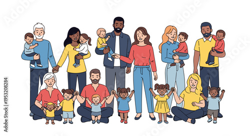 Diverse family groups with children representing unity and connection isolated