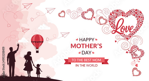 Happy mother's day silhouette family against a pink sky with hot air balloon