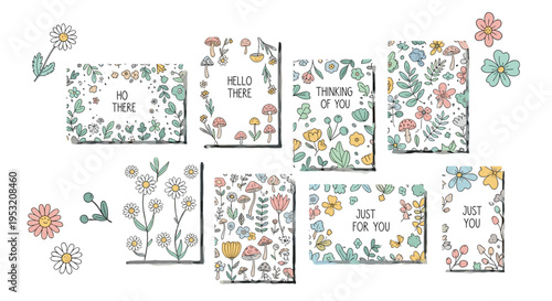 Collection of hand drawn floral greeting cards with inspirational messages